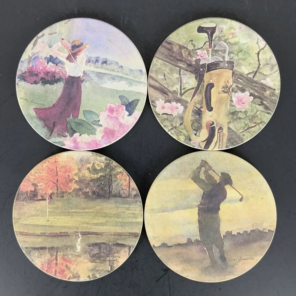 Assorted Set Of 4 CoasterStone Round Golf-Themed Coasters With Cork Backing